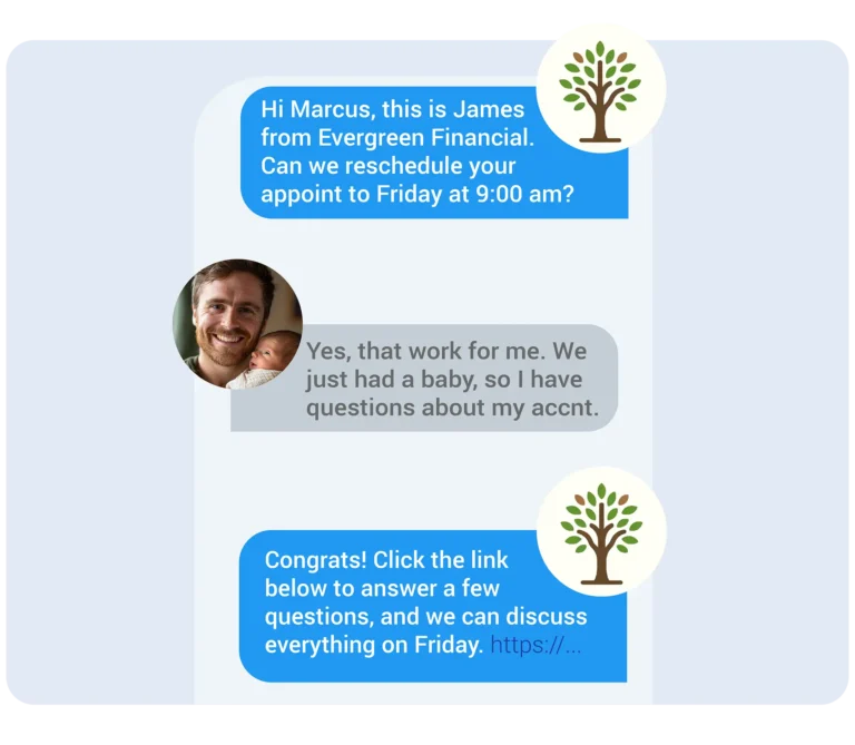 Client rescheduling a financial appointment using two-way messaging from a financial services reputation management platform.