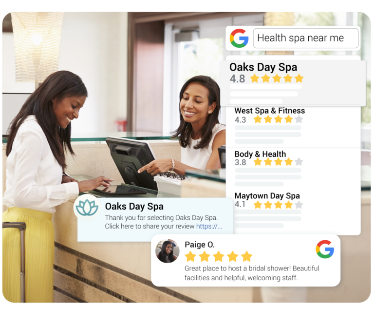 A spa client using health and wellness reputation management software to check out and leave a review.