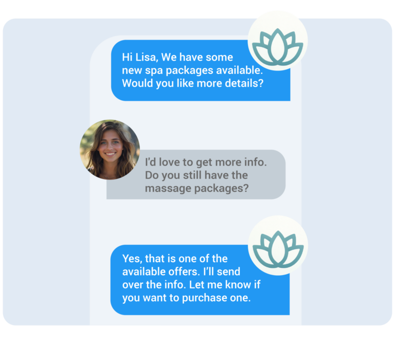 Client using health and wellness reputation management software to ask about spa packages via two-way messaging.