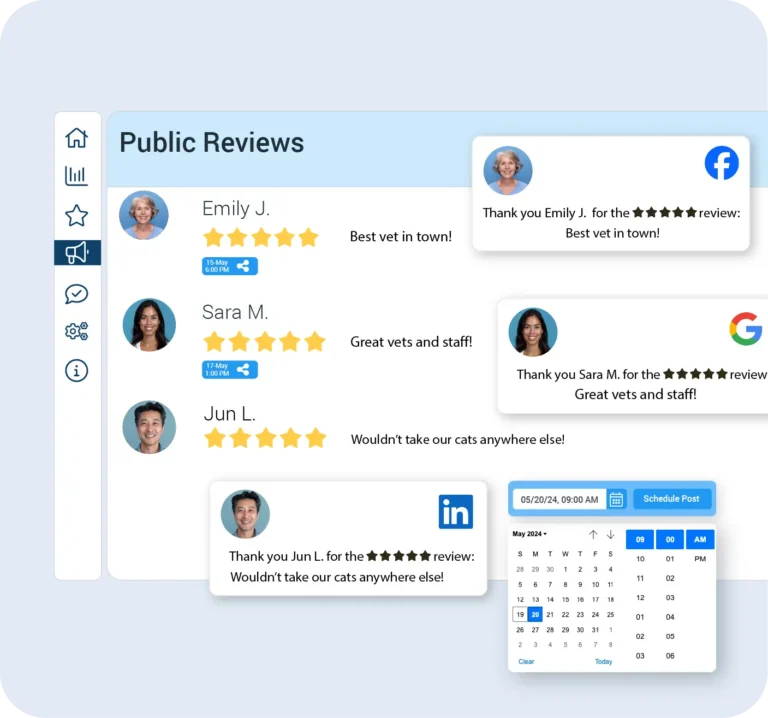 Review marketing tool showing multi-platform review sharing across Google, Facebook, and LinkedIn.