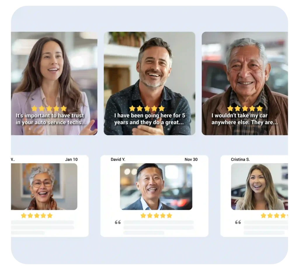 Customers sharing testimonials about their automotive service experience on social media, showcasing automotive reputation management.