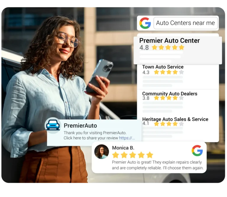 Woman reviewing automotive services and ratings on Google, demonstrating automated review requests for car dealerships.