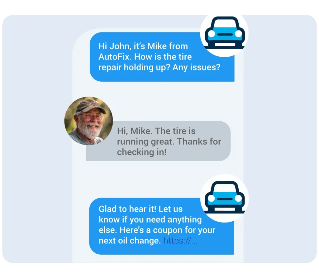 Customer receiving follow-up text about tire repair from an automotive service company, showcasing two-way messaging in automotive reputation management.