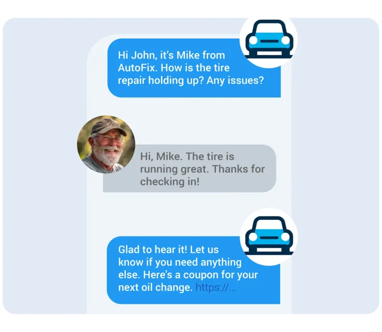 Customer receiving follow-up text about tire repair from an automotive service company, showcasing two-way messaging in automotive reputation management.