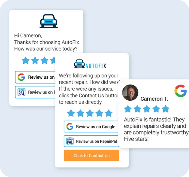 Automated review collection tools showing a customer review request and reply.