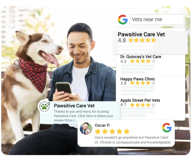 A client leaving a veterinary review using veterinary office reputation management software.