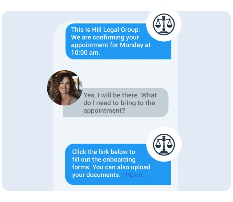 Client using law office reputation management two-way messaging software to confirm an appointment.