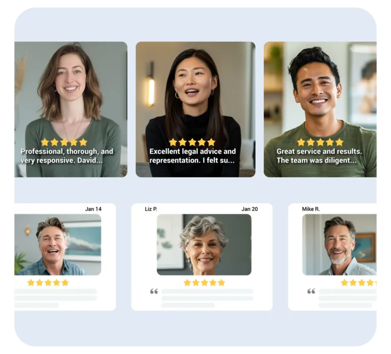 Clients leaving positive reviews and star ratings using law office reputation management software.