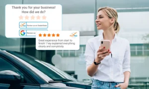A woman leaving a review on dealer rater