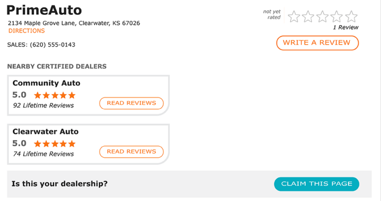 DealerRater dealership profile page showing how businesses can claim and manage their profiles and customer reviews.