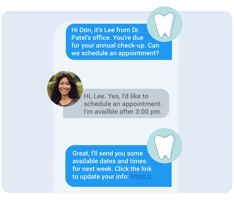 Patient scheduling a dental appointment through a dental practice reputation management system.