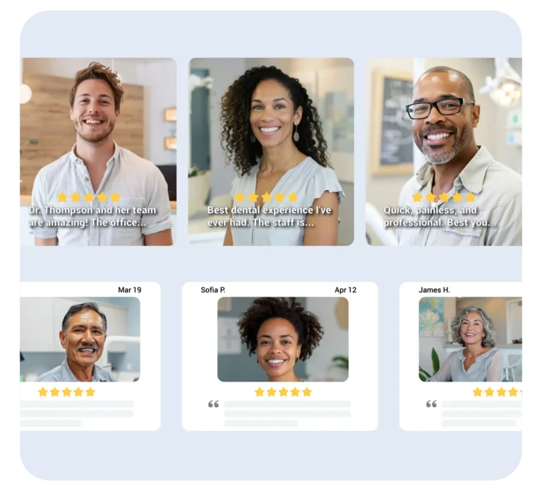 Patients sharing their reviews about a dental practice on social media platforms, using a dental reputation management tool.