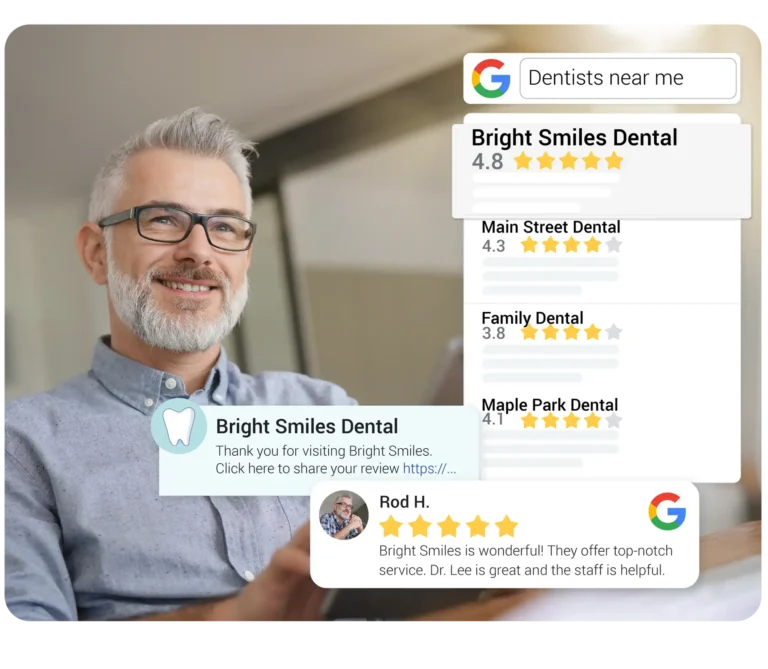 Man reviewing his dental experience on Google, using a dental practice reputation management service.