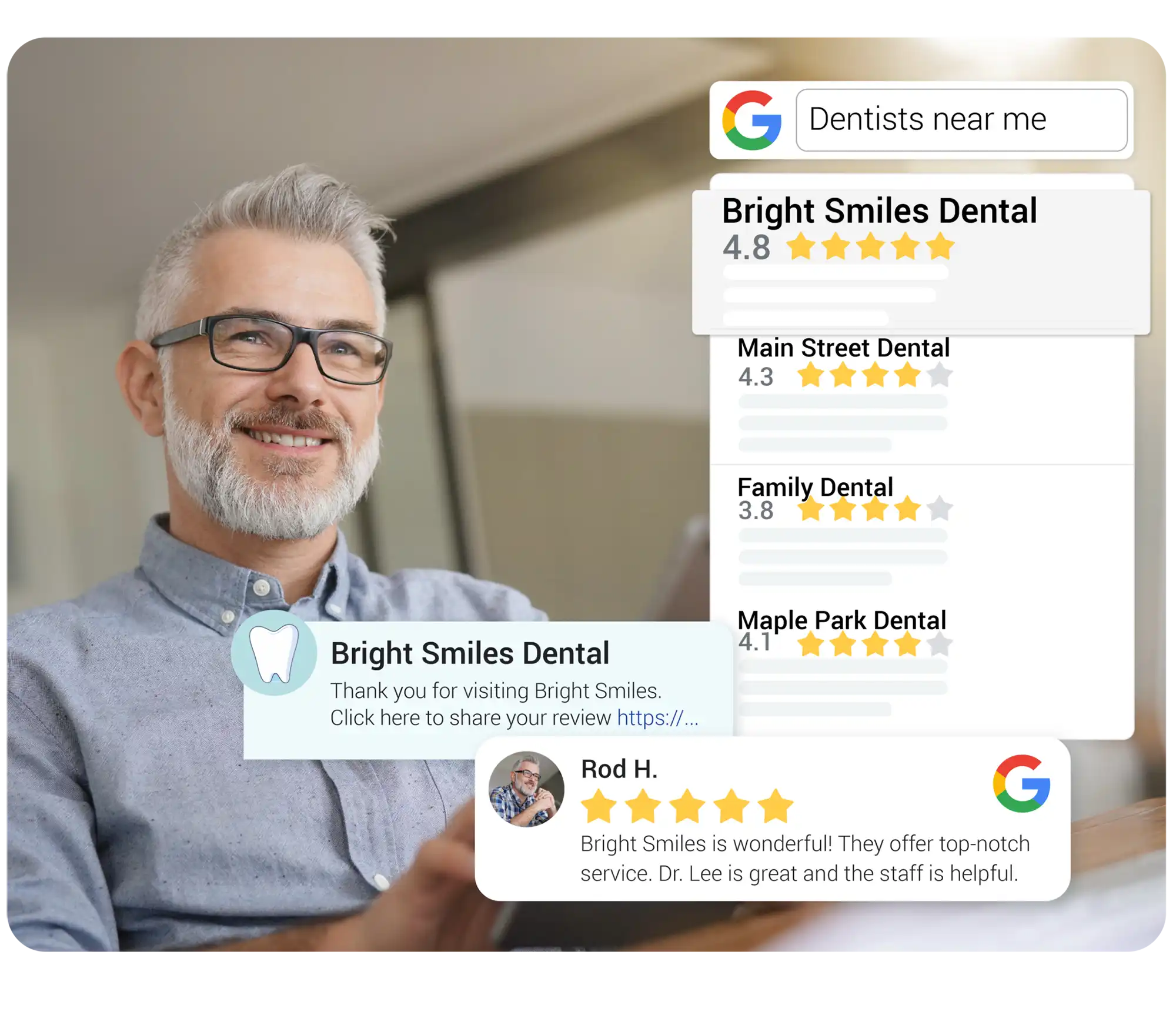 Man reviewing his dental experience on Google, using a dental practice reputation management service.