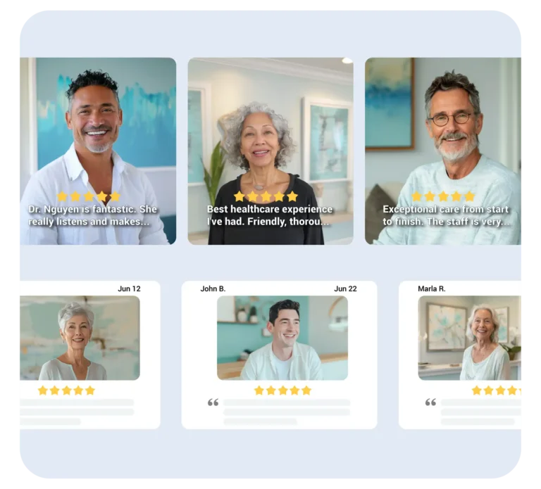 Patients leaving positive reviews and star ratings, on a medical practice reputation management system.