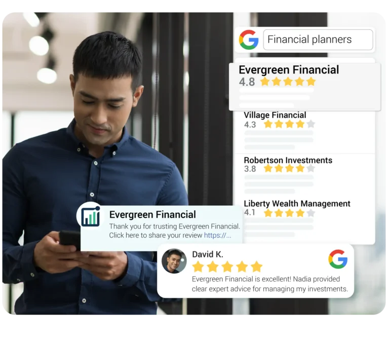 Client leaving feedback for their financial advisor on Google, using a financial services reputation management system.