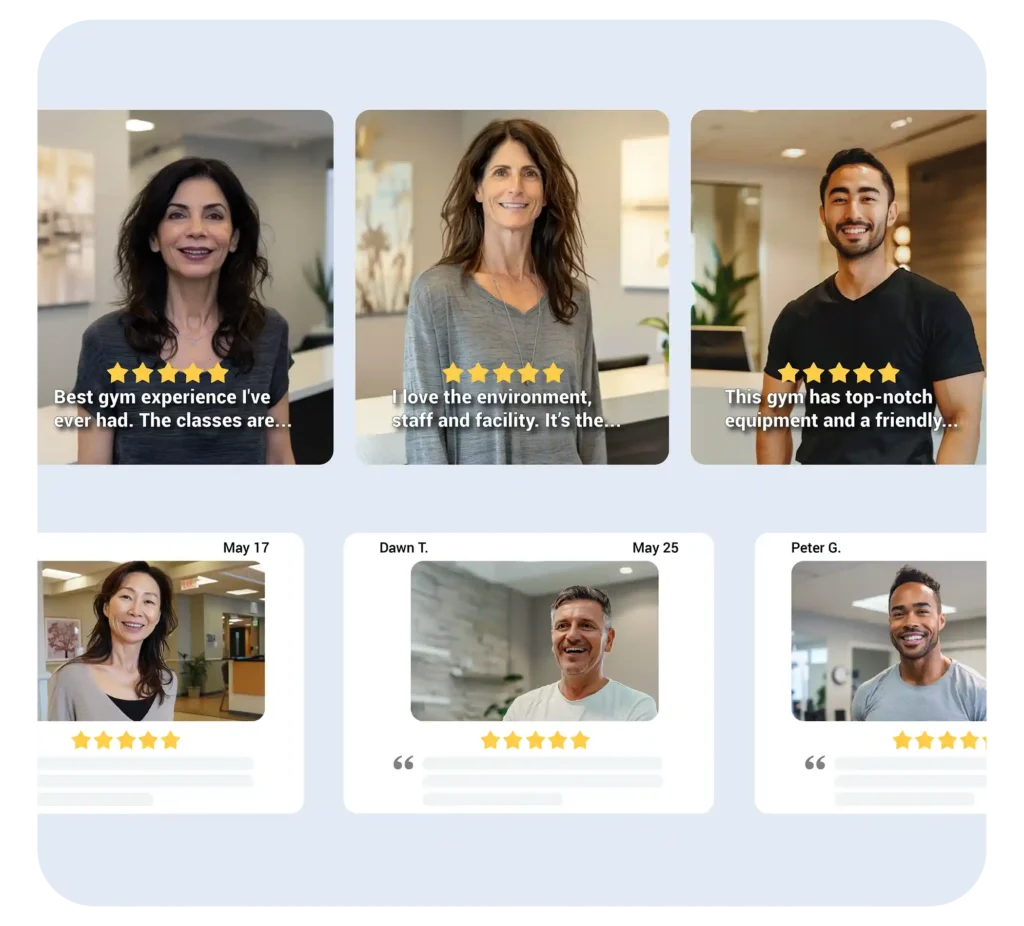 Health and wellness reputation management featuring customer testimonials with five-star ratings and photos of satisfied clients.