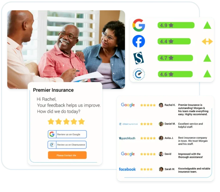 Dashboard showing reviews and ratings on Google, Facebook, and Clearsurance, for insurance services reputation management.