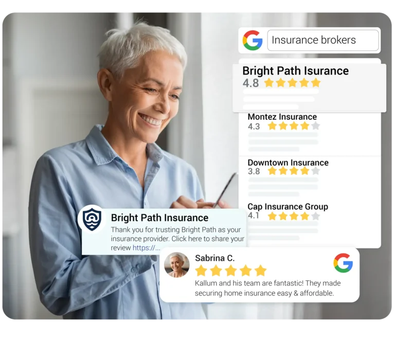 Automated review requests for insurance services with Google star ratings, customer testimonials, and comparison of insurance brokers.