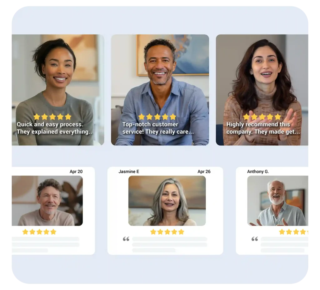 Testimonials for insurance services reputation management showcasing five-star reviews and satisfied clients.