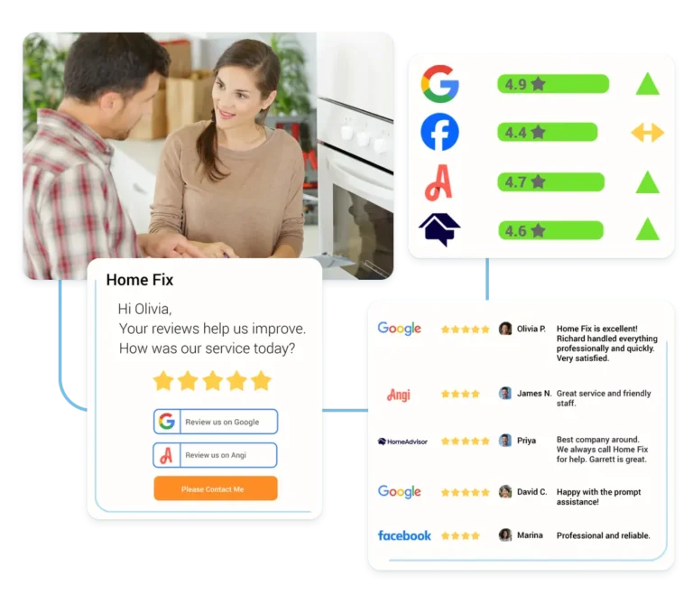 Home service professional monitoring reviews across platforms using review management software.