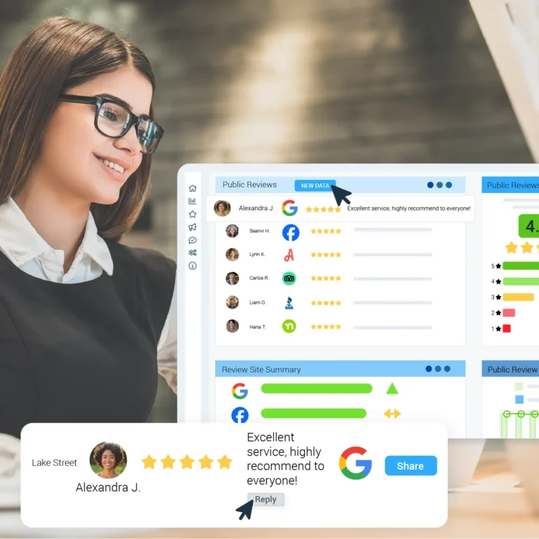 Woman looking at an reputation and review management software dashboard.