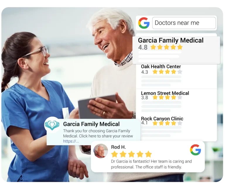 A smiling doctor holding a tablet showing a patient positive medical practices reputation management reviews.