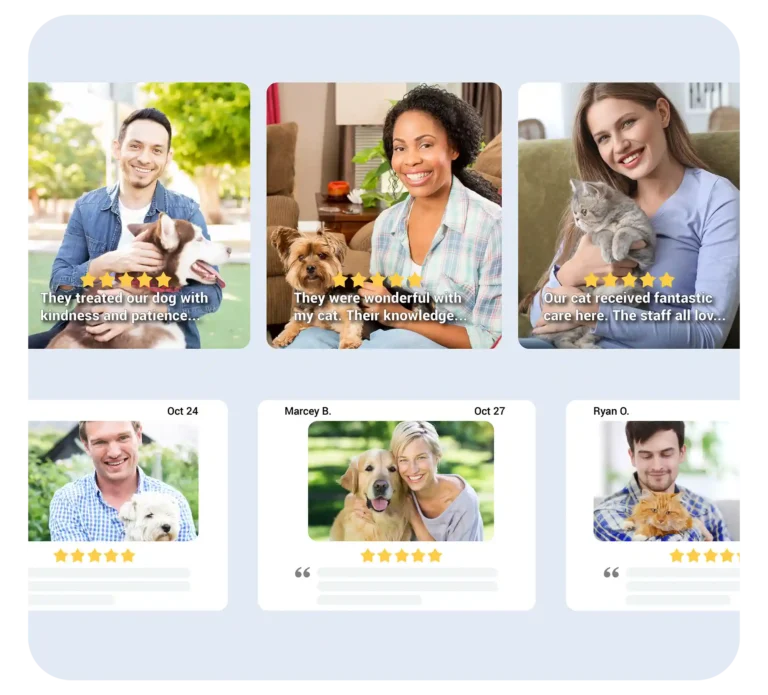 Veterinary office clients sharing testimonials through a veterinary office reputation management platform.