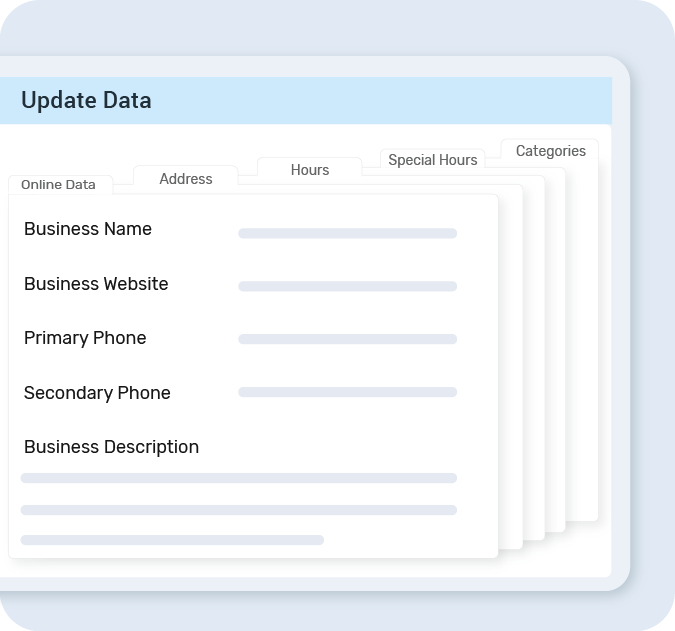 Centralized data management tool for updating business listings, including business name, website, and contact details.