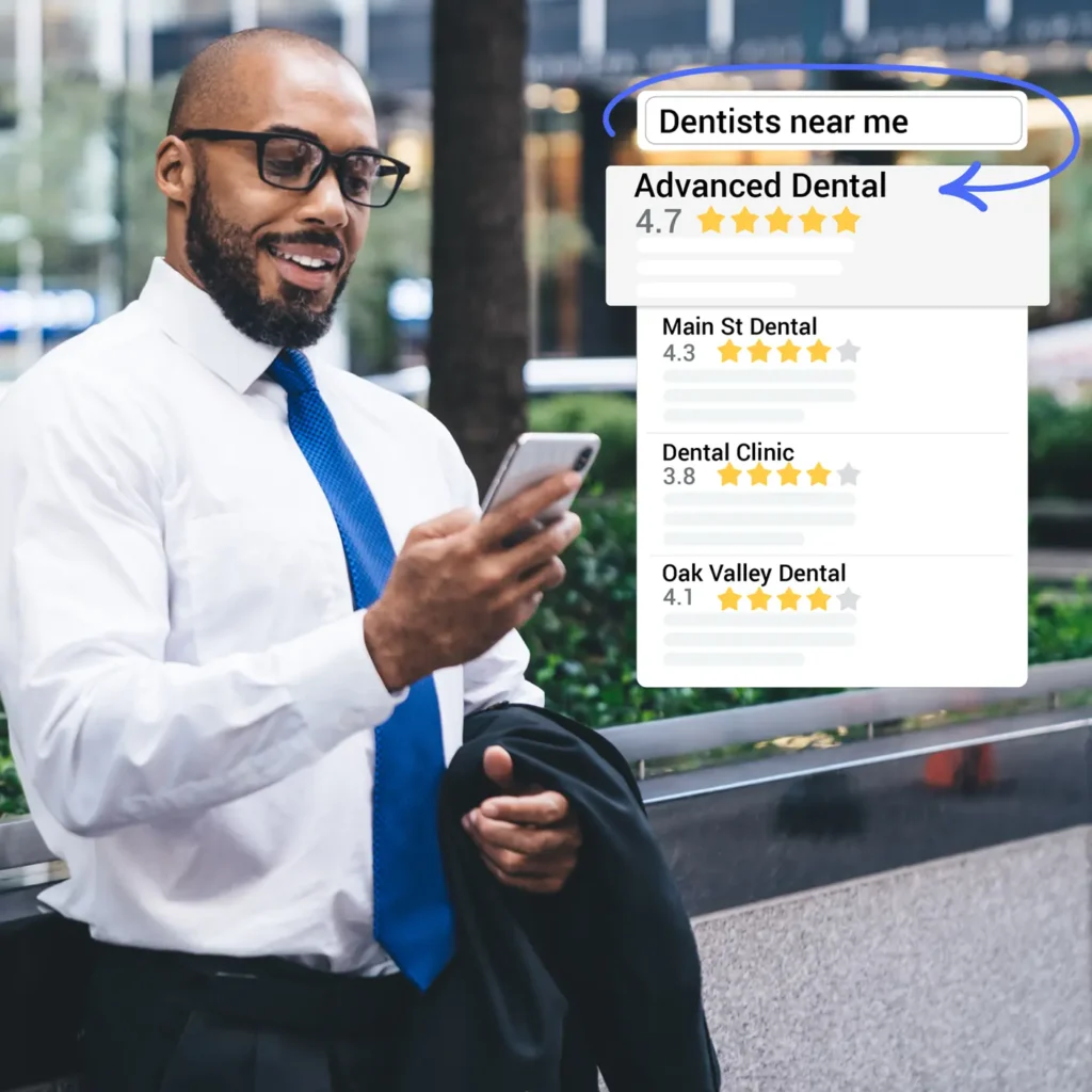 Man using a smartphone to search for local business listings.