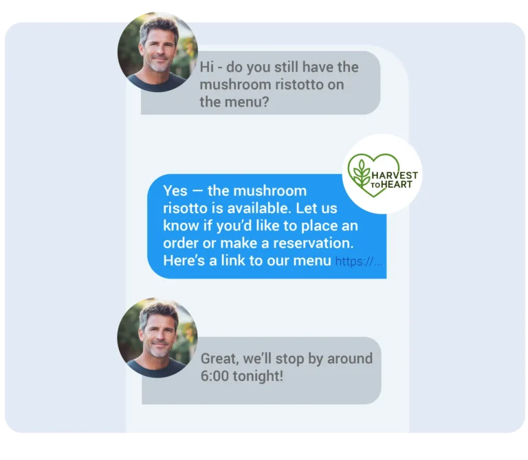Customer texting a restaurant to ask about a menu item, showing two-way messaging