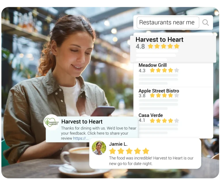A restaurant guest receives a review request on their phone to help the business get restaurant reviews and improve local visibility.