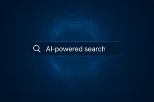 Concept illustration of how to show up in AI search results, showing a glowing search bar with the words “AI-powered search” representing Google Gemini, ChatGPT, and other AI tools.
