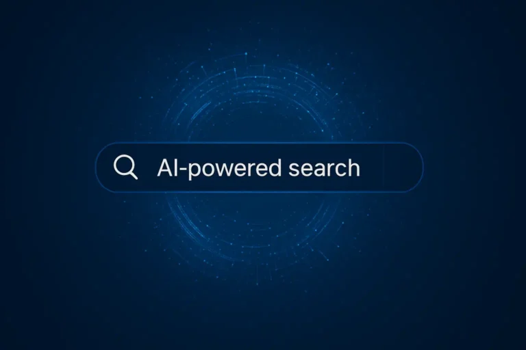 Concept illustration of how to show up in AI search results, showing a glowing search bar with the words “AI-powered search” representing Google Gemini, ChatGPT, and other AI tools.