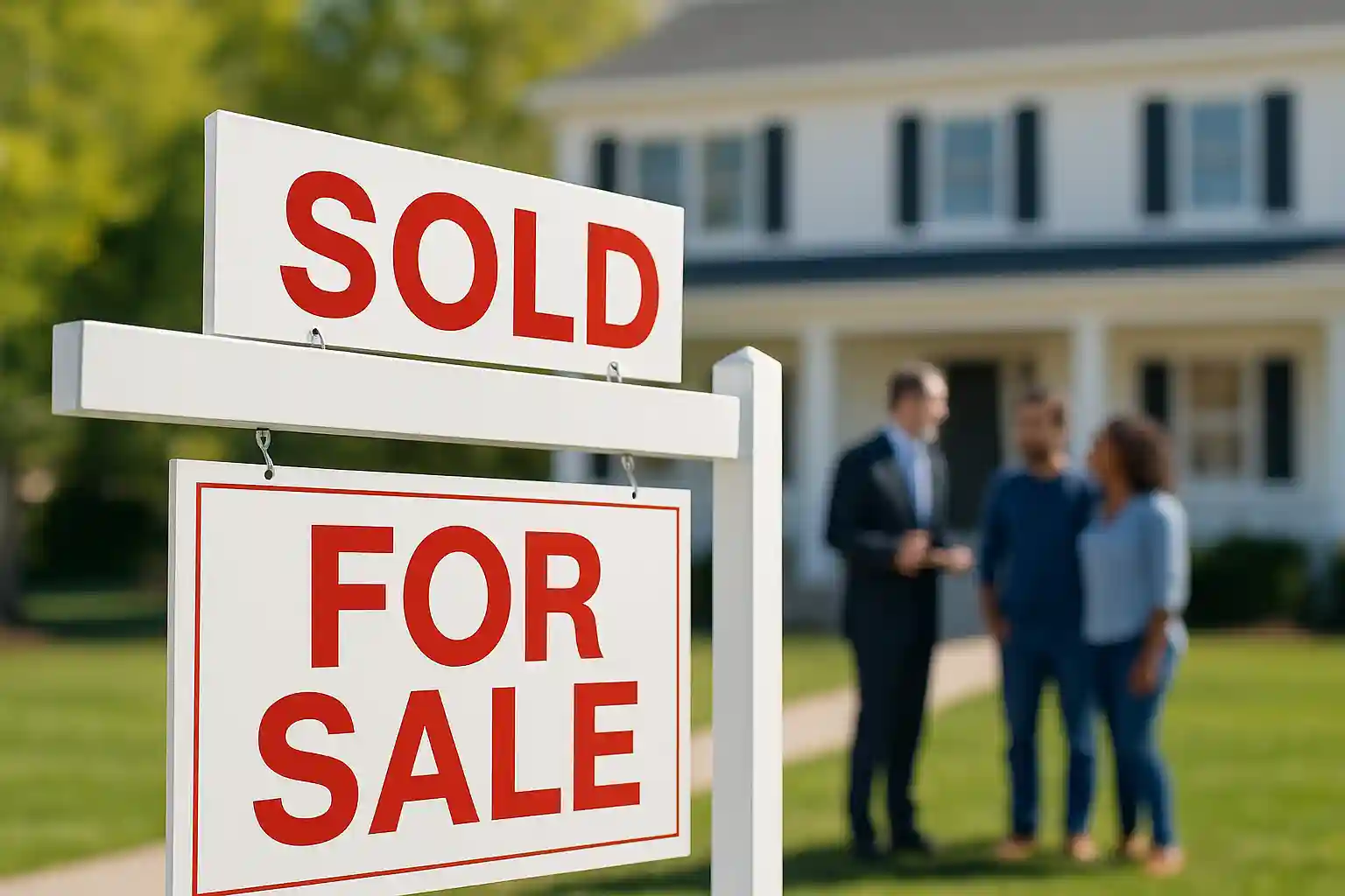 Realtor asking clients to leave a review on a real estate agent review site. For sale sign in the foreground.