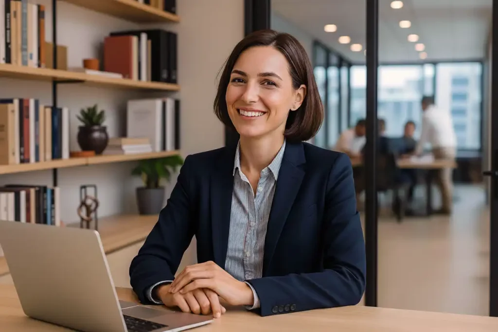 Woman in office reviewing enterprise reputation management reports.