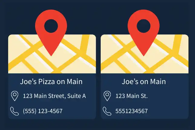 Side-by-side comparison of two business listings with subtle NAP differences in name, address, and phone number formatting.