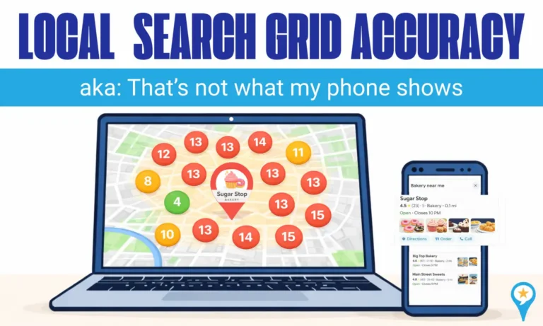 Local Search Grid accuracy comparison showing laptop grid rankings versus mobile phone search results for a bakery.