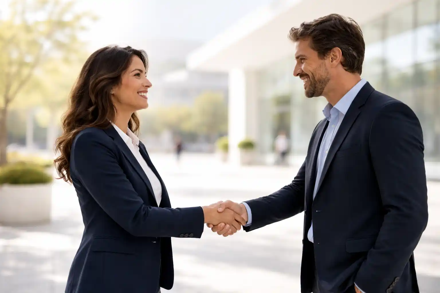 Business professionals shaking hands representing a partnership with ReviewInc