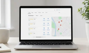 A laptop showing an online reputation check with reviews and listings