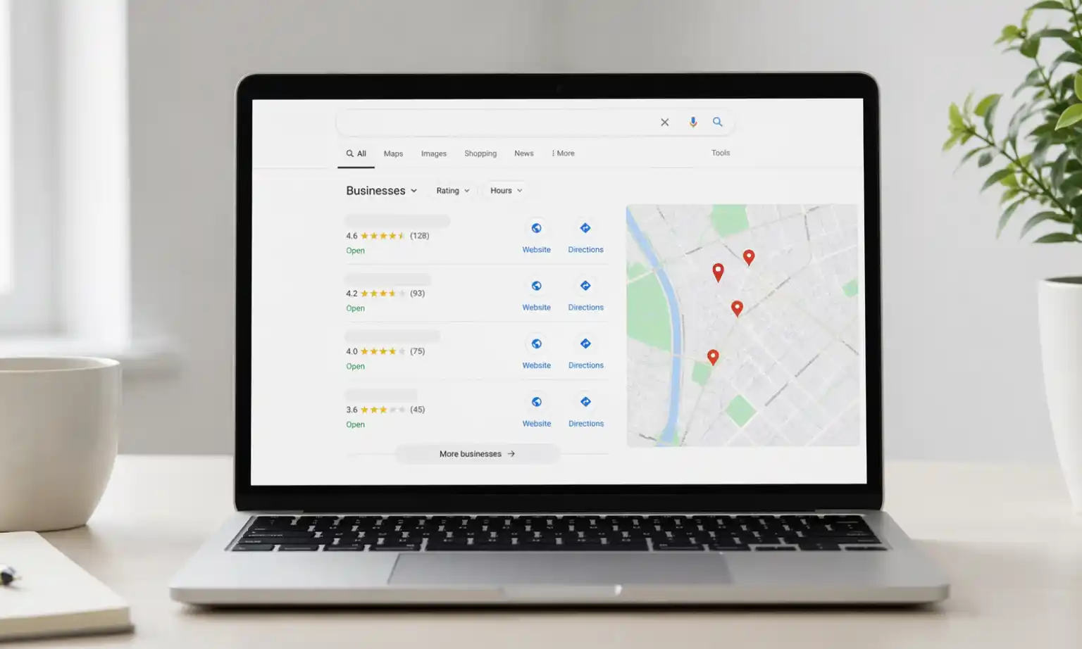 A laptop showing an online reputation check with reviews and listings