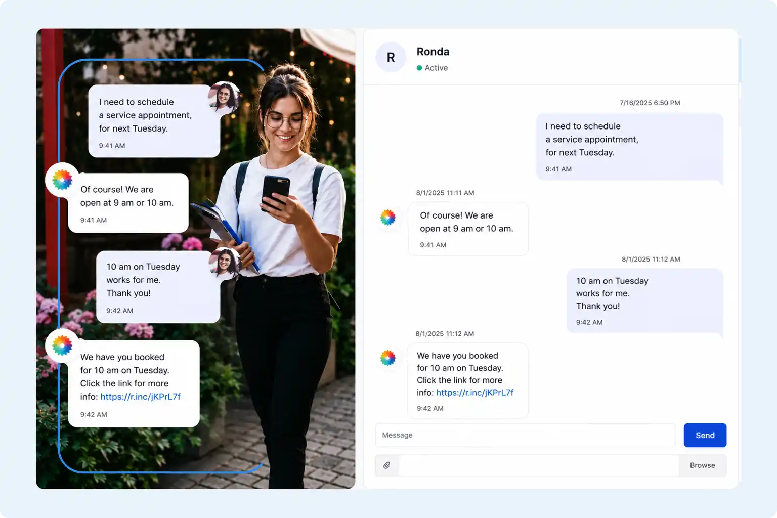A woman texting through reputation and review management software platform
