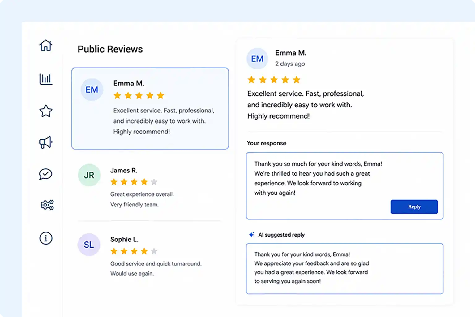 Reputation and review management software displaying Google, Facebook, and industry reviews with real-time alerts and detailed reporting for reputation tracking.