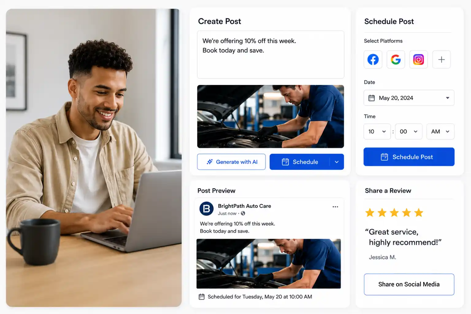 A business owner posting to social media through a reputation and review management platform