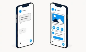 Illustration comparing SMS vs RCS messaging, showing the difference between standard text messages and rich business messaging.