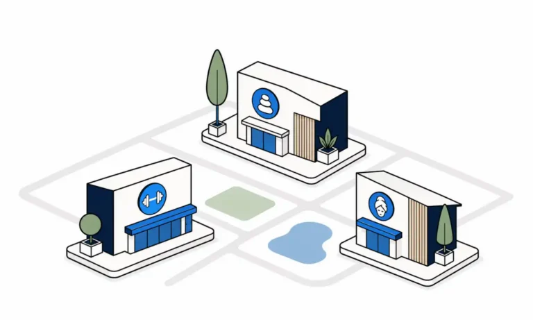Review sites for wellness businesses illustrated as a map with spa, facial treatment, and fitness studio locations.