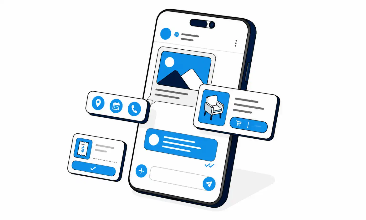 Illustration showing what RCS messaging looks like with rich media, interactive buttons, and verified business messaging.
