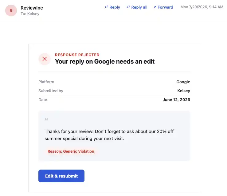 Google review reply rejected alert example from ReviewInc