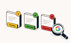 Illustration showing a Google review reply rejected, approved, and pending moderation statuses for Google Business Profile replies.
