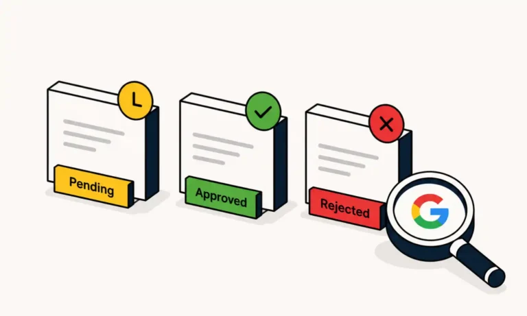 Illustration showing a Google review reply rejected, approved, and pending moderation statuses for Google Business Profile replies.